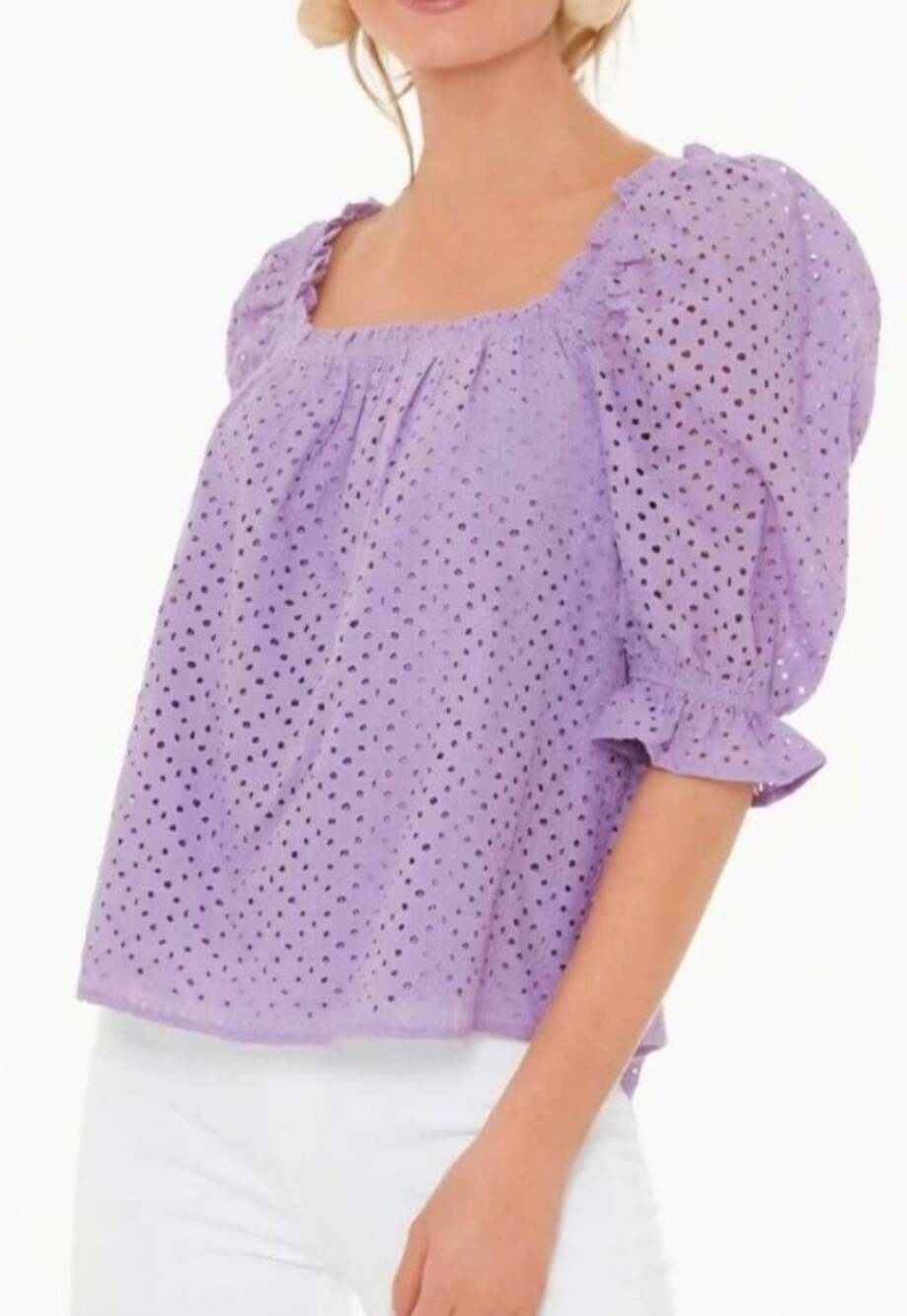 Pomander Place Lavender Eyelet Iris Puff Sleeve Square Neck Top Medium